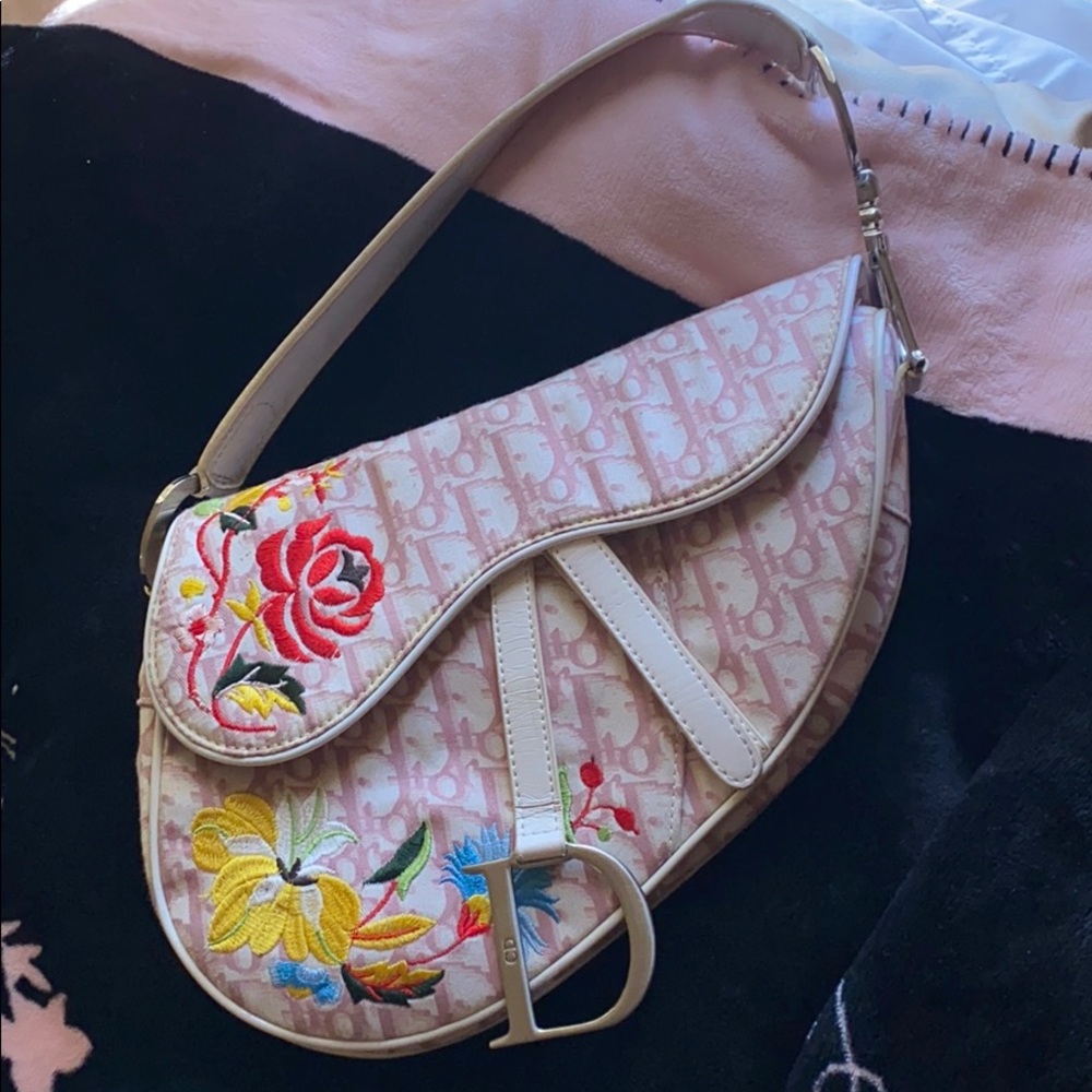 Pink dior saddle bag with flower embroidery